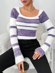 EMERY ROSE Striped Pattern Crew Neck Fitted Long Sleeve Sweater