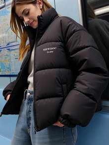 SHEIN Sparklyn Tween 女童休闲百搭通勤宽松立领字母印花棉服外套，秋冬季保暖 - 黑色 - 查看 8