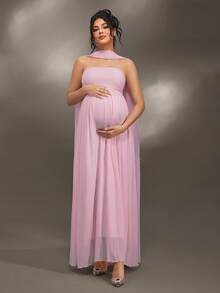 Cheriluna Maternity 优雅荷叶边细节纯色露肩无袖孕妇装，适合迎婴派对和圣诞派对 - 淺粉色 - 查看 3