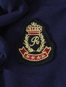 女童可爱学院风撞色蝴蝶结装饰徽章泡泡袖收腰褶皱二合一连衣裙 - 藏蓝色 - 查看 4