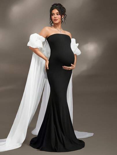 Cheriluna Maternity Vestido longo sem alças com babados e malha justa para ensaio fotográfico de maternidade