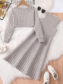 青少年女孩纯色罗纹针织长袖开衫和圆领无袖连衣裙套装 - 米色 - 查看 2
