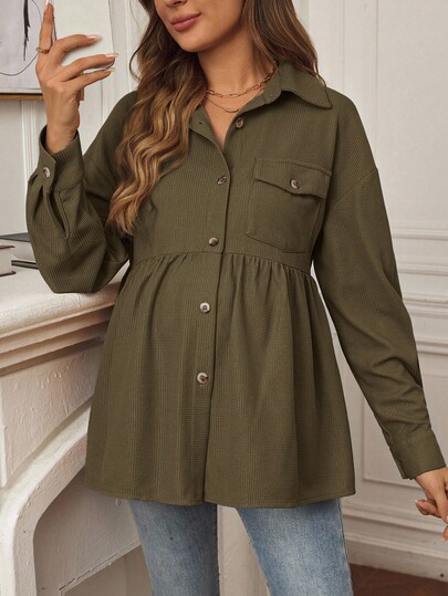 SHEIN Maternity Casual Solid Color Front Button Long Sleeve Jacket, Autumn