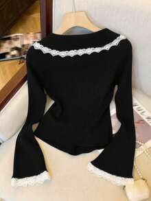 Airaco 女士时尚休闲浪漫优雅蕾丝拼布长袖纽扣针织毛衣 - 黑色 - 查看 2