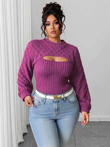 Elenzga Plus Size Fashionable Solid Color Hollow Out Sweater Fall Winter - Purple - View 5