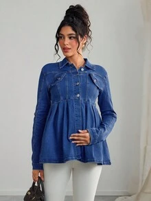 SHEIN Maternity Solid Color Button Front Pleated Casual Long Sleeve Denim Jacket