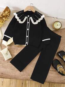 SHEIN Elladie kids Young Girls Elegant Black Sweater Co-Ord Set With Pearl Decor Collar, Long Sleeve Knit Cardigan + Wide Leg Knit Pants, Soft Fabric Suitable For Daily, Outdoor, Travel, Holiday, Home, Daycare, School, Party Wear Fall Winter - Black - View 9