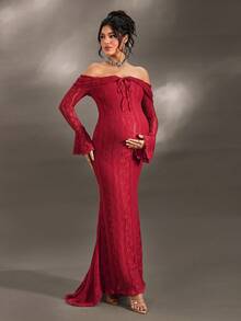 Cheriluna Maternity 优雅露肩白色蕾丝长袖美人鱼长裙，适合婚礼、派对、迎婴派对、孕妇写真拍摄、洗礼