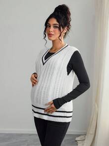 SHEIN Maternity V-Neck Twist Cable Contrast Trim Casual Sleeveless Sweater Vest