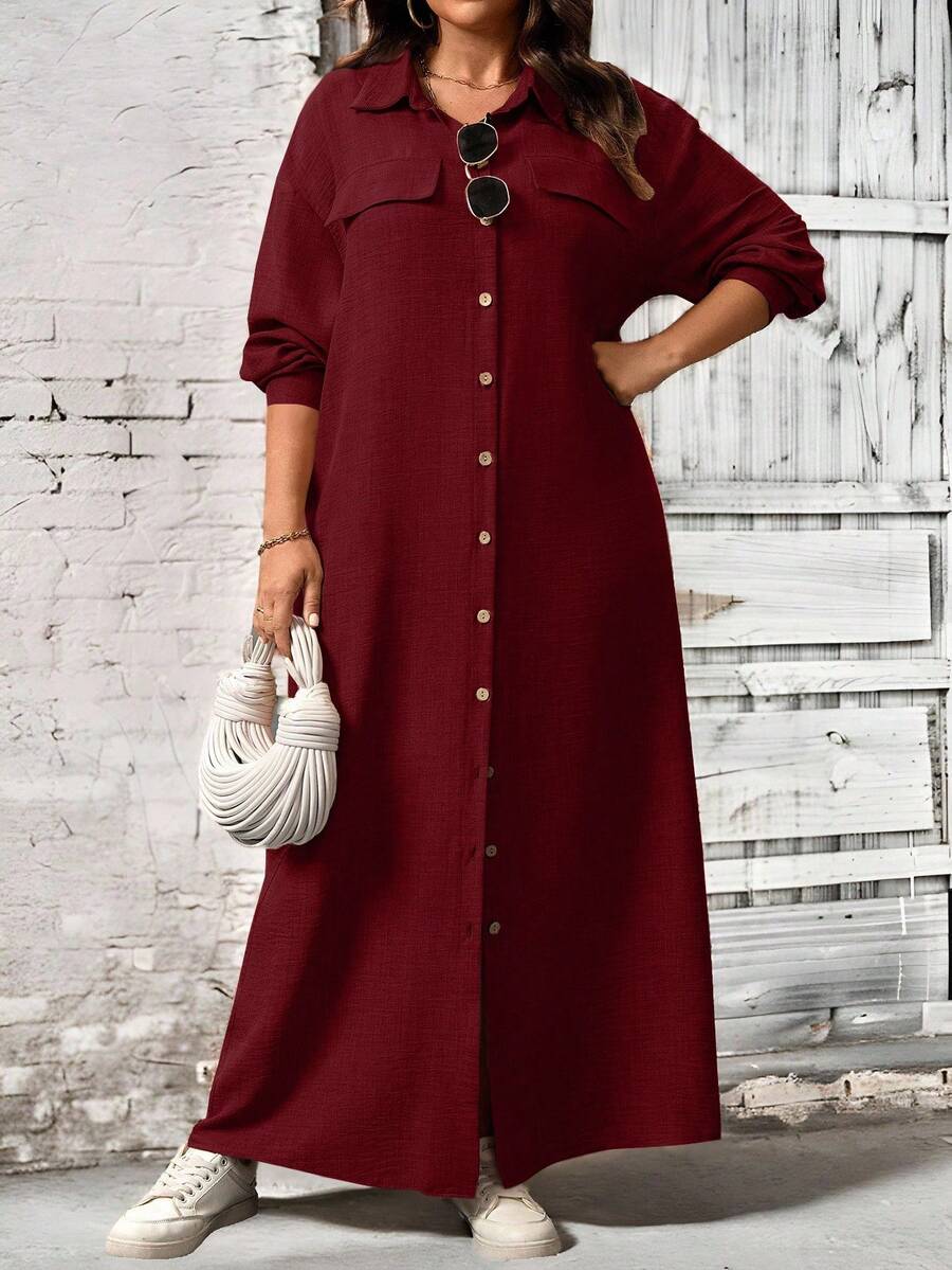 EMERY ROSE Plus Size Women's Solid Color Drop Shoulder Loose Casual Shirt Dress, Spring/Fall Maxi Women Outfit - Burgundy - View 1