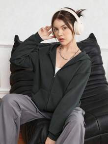 Teen Girl Casual Minimalist Solid Color Pocket Zipper Sweatshirt Long Sleeve Hooded Sweatshirt Jacket, Versatile For All Seasons Fall Winter - Dark Grey - View 5
