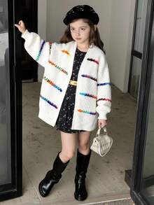 SHEIN 年轻女孩的彩色渐变条纹长袖针织开衫，柔软舒适，适合休闲、优雅场合，例如外出、旅行、度假、居家、日托、秋冬、圣诞节、返校、派对 - 白色 - 查看 6