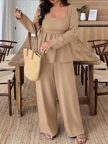 EMERY ROSE Conjunto de 2 piezas de camisa y pantalones de unicolor informal de talla grande - Caqui - Ver 6