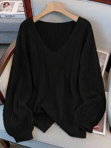 GlowEve CURVE Plus Size Elegant V-Neck Drop Shoulder Long Sleeve Pullover Sweater