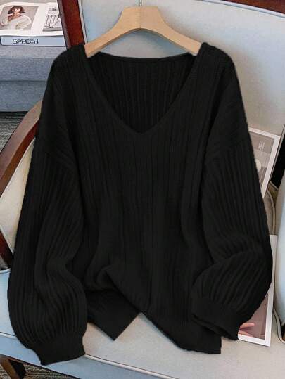 GlowEve CURVE Plus Size Elegant V-Neck Drop Shoulder Long Sleeve Pullover Sweater