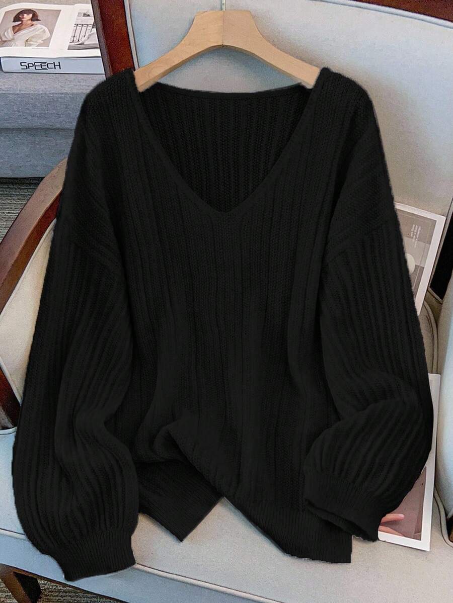 GlowEve CURVE Plus Size Elegant V-Neck Drop Shoulder Long Sleeve Pullover Sweater