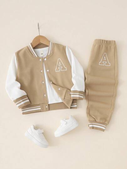 SHEIN Explorewe 2 件/套男孩学院风服装：黑色针织上衣，白色袖子，大号字母 A 印花，搭配印花运动裤，罗纹领口、袖口和下摆，松紧腰身，穿着舒适，休闲运动外观，适合春秋季节、日常穿着、上学、旅行