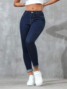 SHEIN ICON Plus Size Women's Classic Blue Denim Skinny Jeans Spring - Blue - View 5