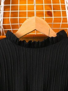 SHEIN 少女黑色提花休闲圆领长袖连衣裙 - 黑色 - 查看 4