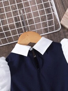 女童可爱学院风撞色蝴蝶结装饰徽章泡泡袖收腰褶皱二合一连衣裙 - 藏蓝色 - 查看 8