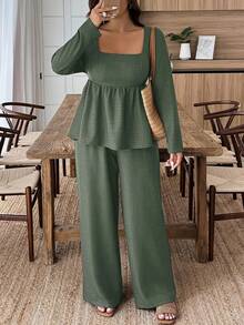 Weeklong Conjunto de 2 piezas de top de manga larga con cuello cuadrado y pantalones de unicolor talla grande - Verde militar - Ver 5