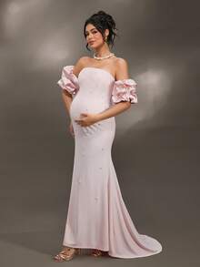 Cheriluna Maternity Cheriluna 女式法式设计串珠泡泡袖露肩孕妇装，拍照连衣裙 - 粉色 - 查看 3