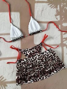 Swim Vcay Women's Ruffled Diamond Chain Decor Halter Tie Sexy Leopard Print Bikini 3-Piece Set, Spring/Summer Beach Vacation