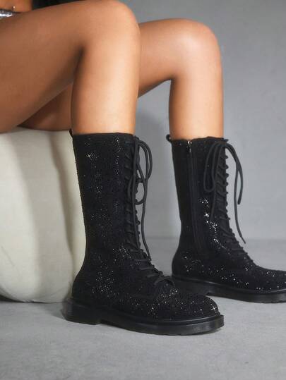 CUCCOO SZL Botas de mujer con puntera redonda, suela gruesa, de estilo británico a la moda, negras, con tachuelas de cristal completas, glamorosas y sexys, botas de motocicleta cortas de tobillo con cordones