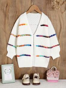 SHEIN 年轻女孩的彩色渐变条纹长袖针织开衫，柔软舒适，适合休闲、优雅场合，例如外出、旅行、度假、居家、日托、秋冬、圣诞节、返校、派对 - 白色 - 查看 10