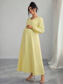 Momance Maternity Solid Color V-Neck Elegant Long Sleeve Dress - Yellow - View 6