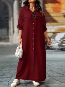 EMERY ROSE Plus Size Women's Solid Color Drop Shoulder Loose Casual Shirt Dress, Spring/Fall Maxi Women Outfit - Burgundy - View 4