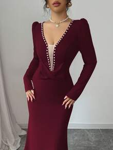Elenzga Vestido de fiesta elegante y romántico para mujer con escote en V, cintura con lazo con cuentas y dobladillo con volantes - Burdeos - Ver 4