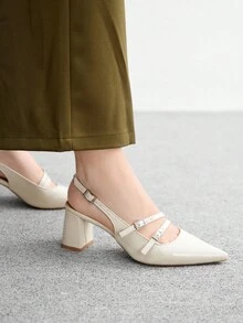 CUCCOO BIZCHIC 女士尖头粗跟穆勒鞋，米色百搭简约百搭通勤工作鞋 - 米色 - 查看 5