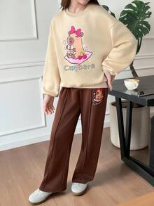 SHEIN Tween 女童休闲卡通动物印花针织纯卡其色宽松落肩长袖连帽衫和纯棕色阔腿运动裤套装，适合秋冬日常穿着 - 卡其色 - 查看 3