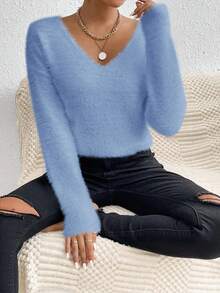 EMERY ROSE White V-Neck Casual Soft Knit Sweater, Long Sleeve Pullover Top, Autumn/Winter - Blue - View 4