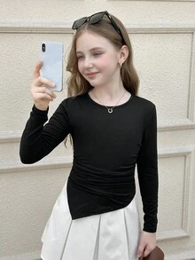 Serisse Kids Tween-Mädchen Schwarzes, plissiertes, tailliertes T-Shirt aus Samt mit Schlitz, geeignet für den Herbst, kann als Unterbekleidung oder Oberbekleidung getragen werden, vielseitig einsetzbar