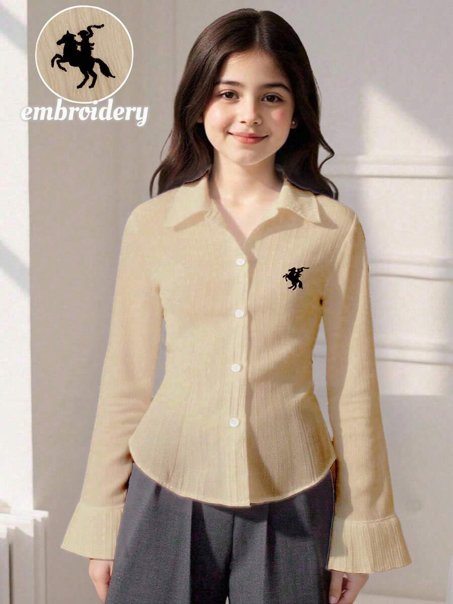 Elladie kids Tween Girls' Spring/Summer/Autumn Casual Fashion New Long Sleeve Shirt, Horse Embroidery Pattern, Woven Fabric With Texture, Lapel Collar, Simple White Button, Solid White Color, Suitable For Spring/Summer/Autumn Back To School Season, Korean Minimalist Elegant Lady Style, Gentle Daily, Back To School, Outing, Travel, Photo Shoot Fall Winter - Khaki - View 1
