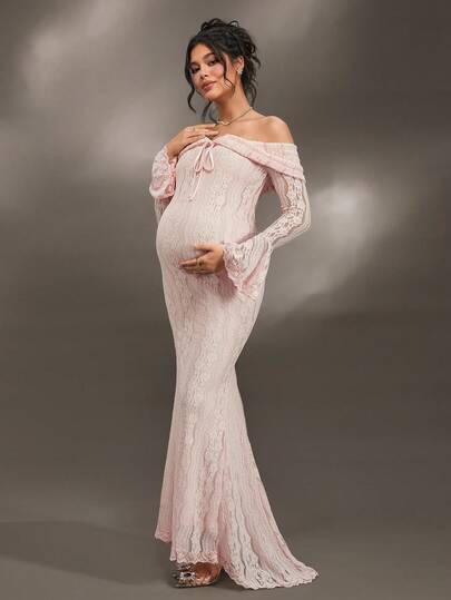 Cheriluna Maternity Elegant Off-Shoulder White Lace Long Sleeve Mermaid Maxi Dress, Suitable For Wedding, Party, Baby Shower, Maternity Photoshoot, Christening