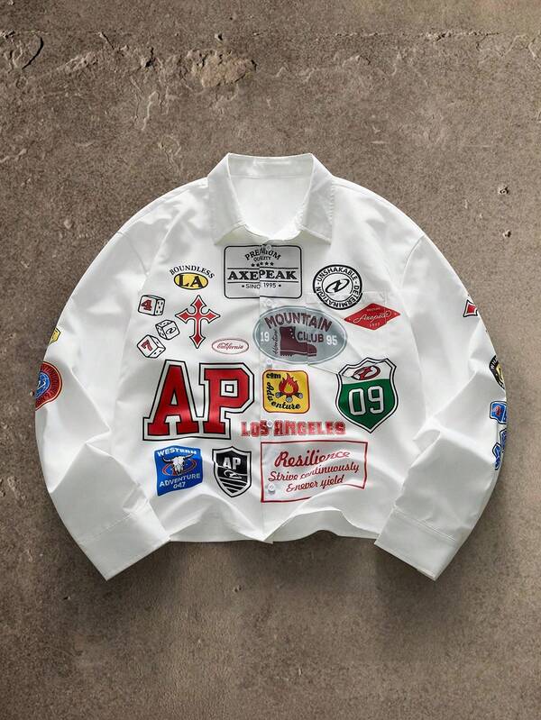 AXEPEAK Camisa de manga larga con botones y estampado de letras casual para hombre, otoño