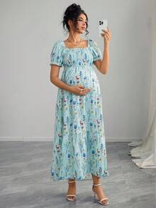 Momance Maternity Floral Print Shirred Ruffle Hem Long Dress