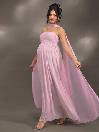 Cheriluna Maternity Elegant Ruffle Detail Solid Color Off-Shoulder Sleeveless Maternity Dress For Baby Shower, Christmas Party