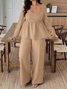 EMERY ROSE Conjunto de 2 piezas de camisa y pantalones de unicolor informal de talla grande - Caqui - Ver 4
