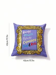 FRIENDS X SHEIN Frame & Double-Sided Sequin Letter Print Decorative Throw Pillow Case,Gifts - Purple - View 3