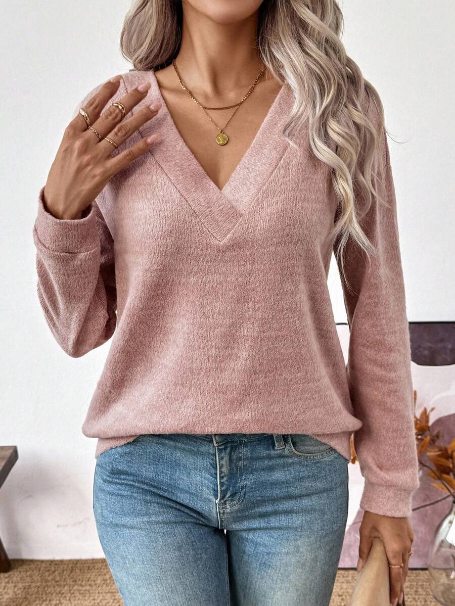 SHEIN LUNE Tricou tricotat cu croială slim fit și decolteu în V - Roz - Vizualizare 1