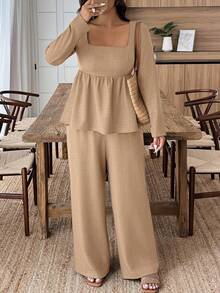 EMERY ROSE Conjunto de 2 piezas de camisa y pantalones de unicolor informal de talla grande - Caqui - Ver 5