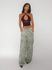 Jeanoix Women's Punk Style Cropped Halter Neck Hollow Out Back Tank Top - Red - View 4