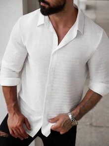 Manfinity Homme Men's Solid Color Jacquard Plaid Business Casual Long Sleeve Shirt Men Textured Shirt Men White Linen Shirt Men White Casual Shirts Men Summer Dress Shirt, Fall Men S Summer Dress Shirt Men S Textured Shirt