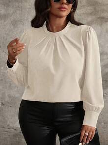SHEIN Clasi Chemise longue à manches longues plissée et pliée de couleur unie élégante, grande taille, convient pour le travail, automne - Nude - Voir 5