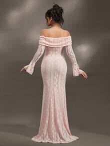 Cheriluna Maternity Elegant Off-Shoulder White Lace Long Sleeve Mermaid Maxi Dress, Suitable For Wedding, Party, Baby Shower, Maternity Photoshoot, Christening - Pink - View 5