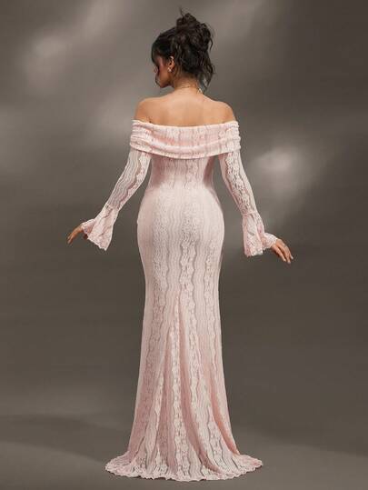 Cheriluna Maternity Elegant Off-Shoulder White Lace Long Sleeve Mermaid Maxi Dress, Suitable For Wedding, Party, Baby Shower, Maternity Photoshoot, Christening